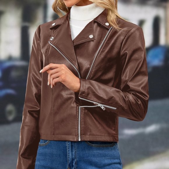 Clearance!! Brand New Zip Up PU Leather Moto Jacket Coffee Brown - Picture 3 of 6